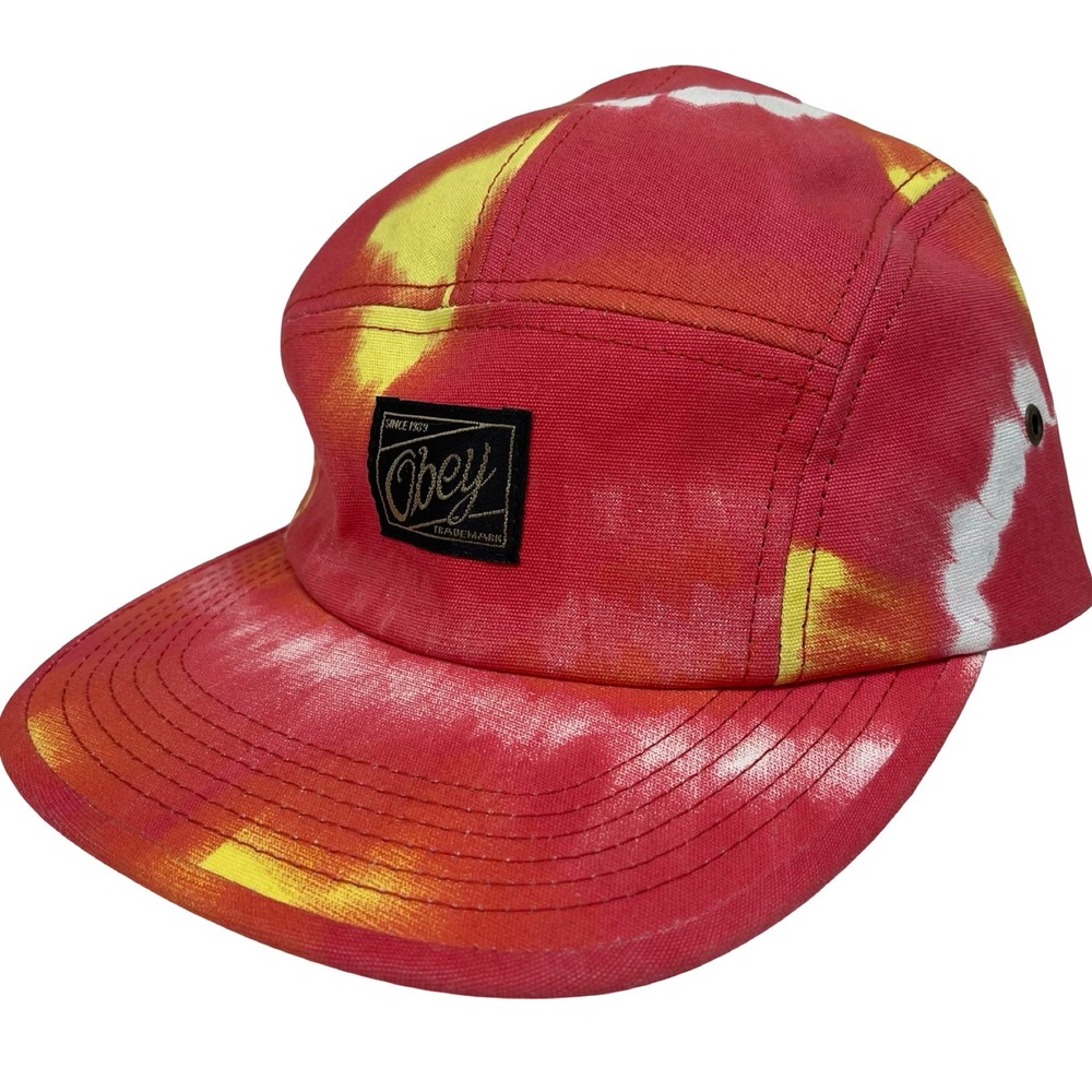 Obey Propaganda 5 Panel Cap Tie‎ Dye Red Yellow Cotton Strap Back Streetwear
